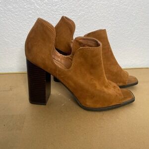 Metaphor Regina Cognac Faux Suede Open Toe Block Heel Booties Size 7.5M Brown